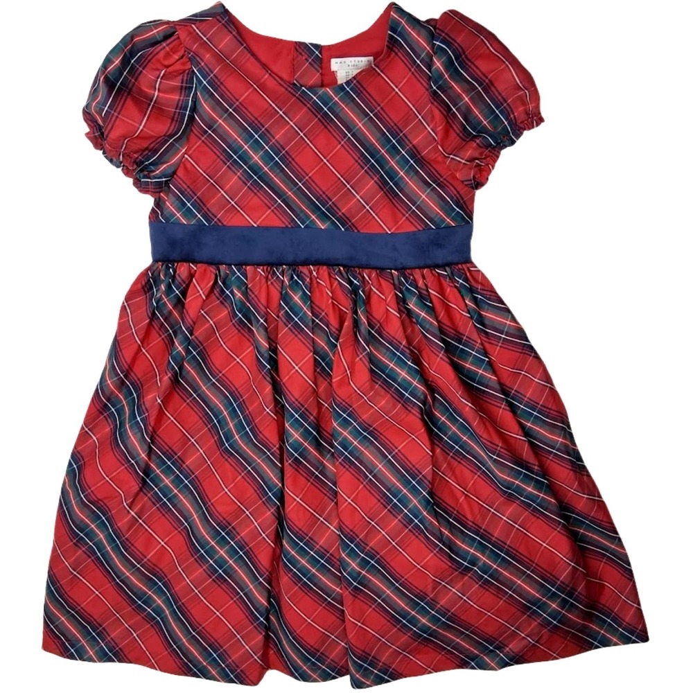 Max Studio Kids Girls Sz 6 7 Red Plaid‎ Dress Holiday Navy Blue Bow Short Sleeve